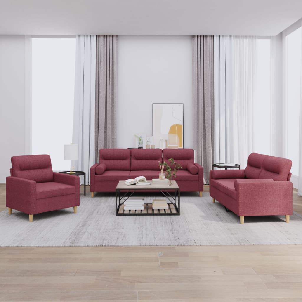 Vidaxl 3-Seater Lounge Set With Cushions, Wine Red, Fabric