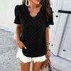 Ladies Summer Ruffles Short Sleeve V Neck Solid Color Jacquard Pullover T Shirt Top