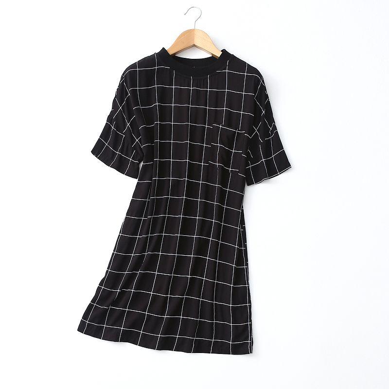 

Foreign Trade Original Order Artsy Minimalist Thin Noil Poplin Dress Loose Slim Looking Short Sleeve Gingham Artificial Cotton Skirt Summer Black European code-G (Bust size 122)