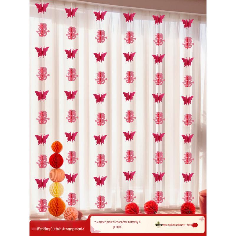 Wedding Room Decor Set: Double Happiness Curtains, Bay Window Trim, Bedroom Bows
