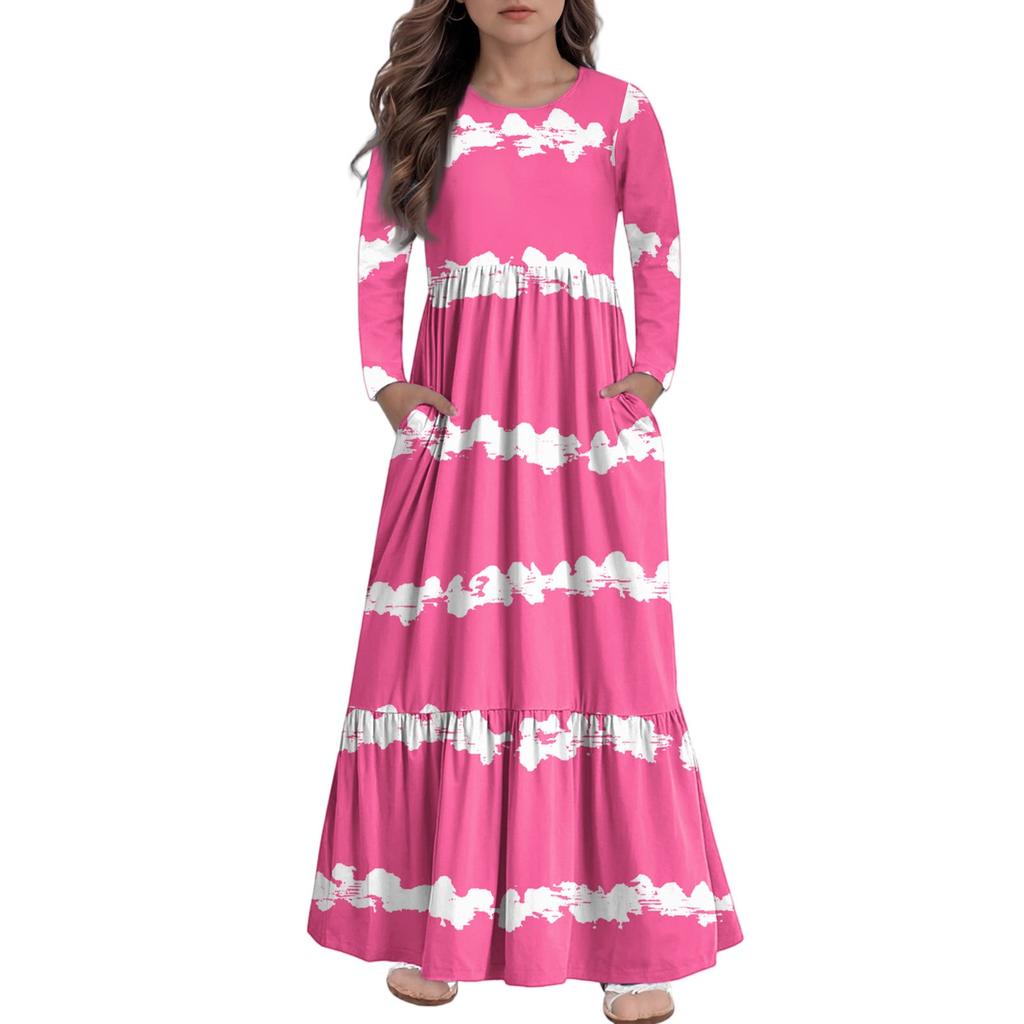 Maxikleid für Mädchen, lässige Urlaubskleider - Langarmkleid mit Taschen für 4-14J
