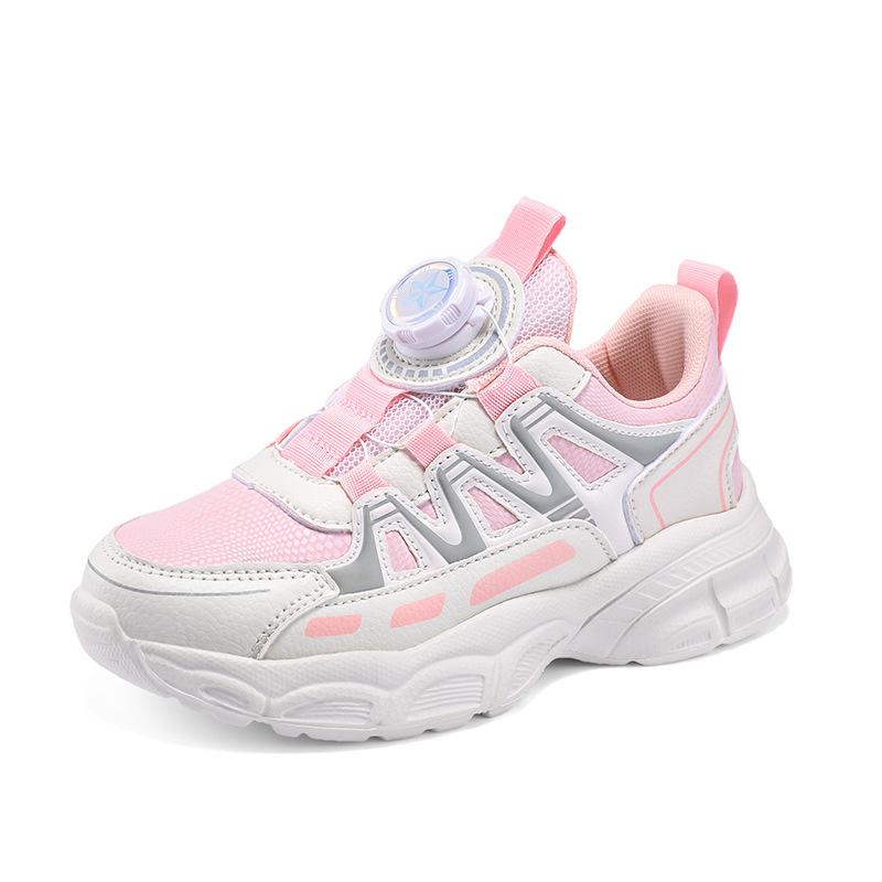 2025 autumn new mesh breathable girls' shoes rotating button children's sports shoes soft sole non-slip casual classmates