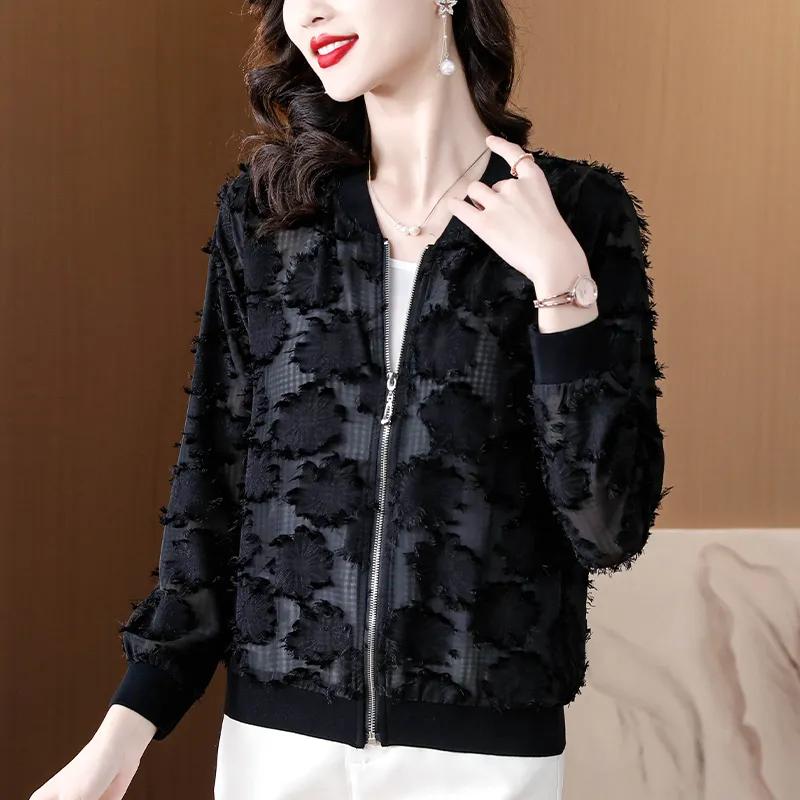 

Spring and Autumn Women s Long Sleeved Short Coat Thin Edition Women s Temperament Chiffon Jacquard Top Women XS чорний