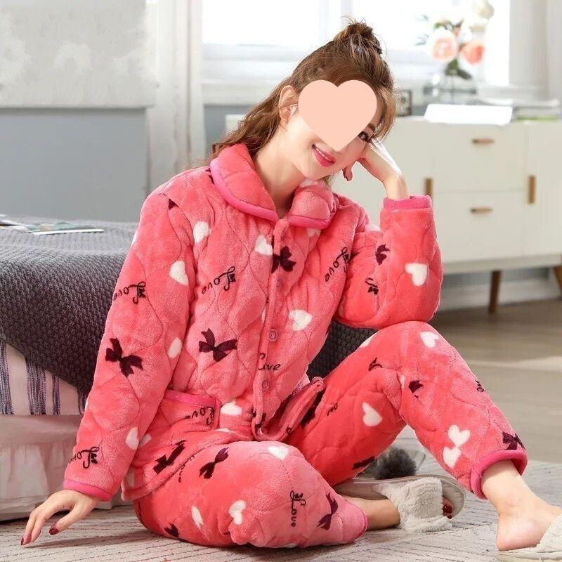 Pajamas women's winter warm winter fleece thickened coral fleece three layers of cotton autumn and winter women's loungewear