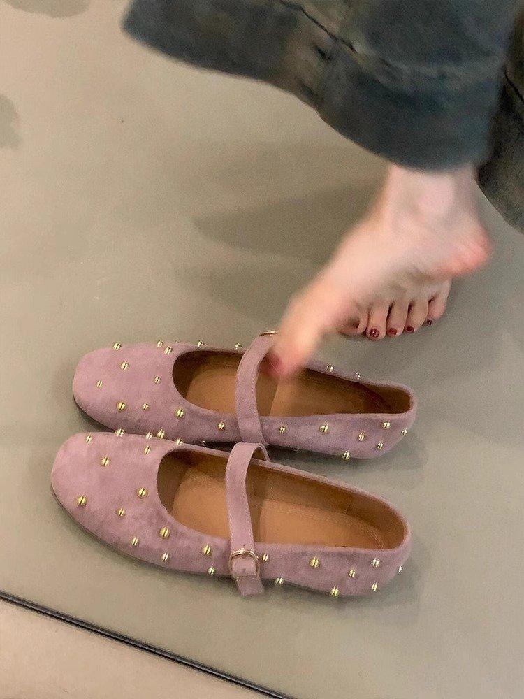 Weiche Lederversion~ Mary Jane Schuhe mit eckiger Spitze im Feenwindstil, Damen flachmündig mit Ein-Wort-Schnalle, Nieteneinschuhe, sanftes Temperament, Abendschuhe