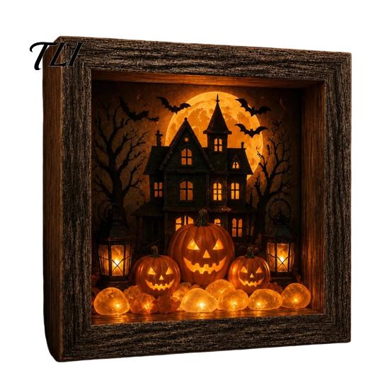 Tabletop Home Accent DIY Lighted Halloween Ghost Shadow Box Kit, Wooden Frame LED Warm Light, Gothic Crystal Glass Display Case Memory with