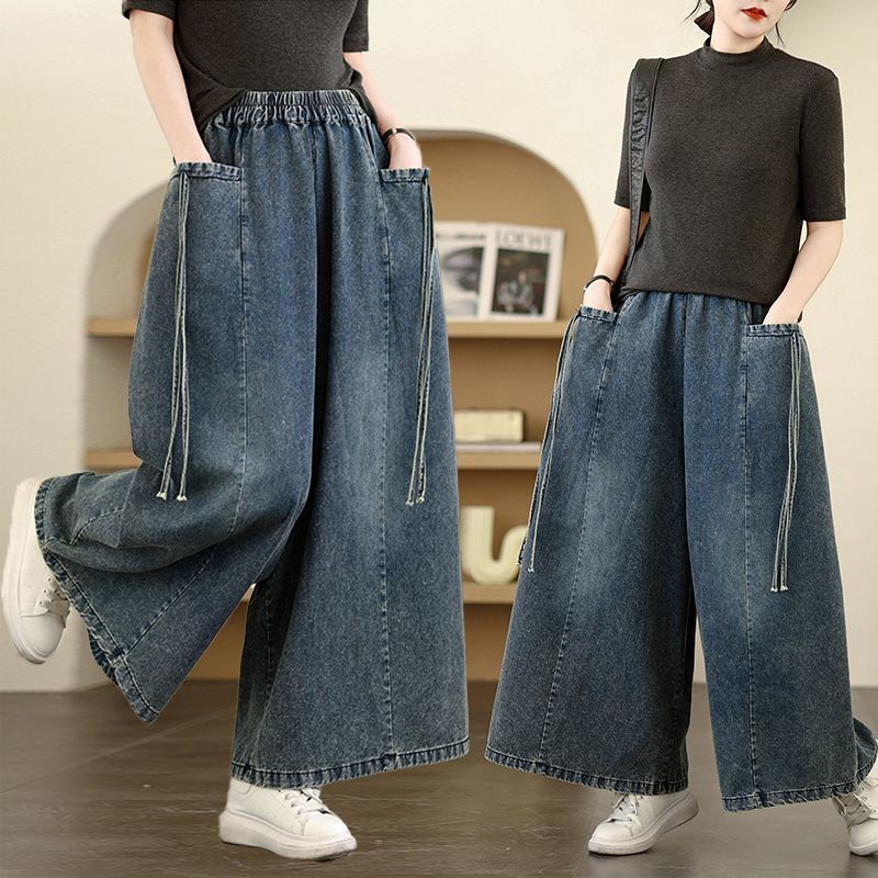 Pantaloni Jeans Larghi a Gamba Larga da Donna Autunno Casual Streetwear Grandi Tasche Pantaloni Denim Solidi Dritti per Donna
