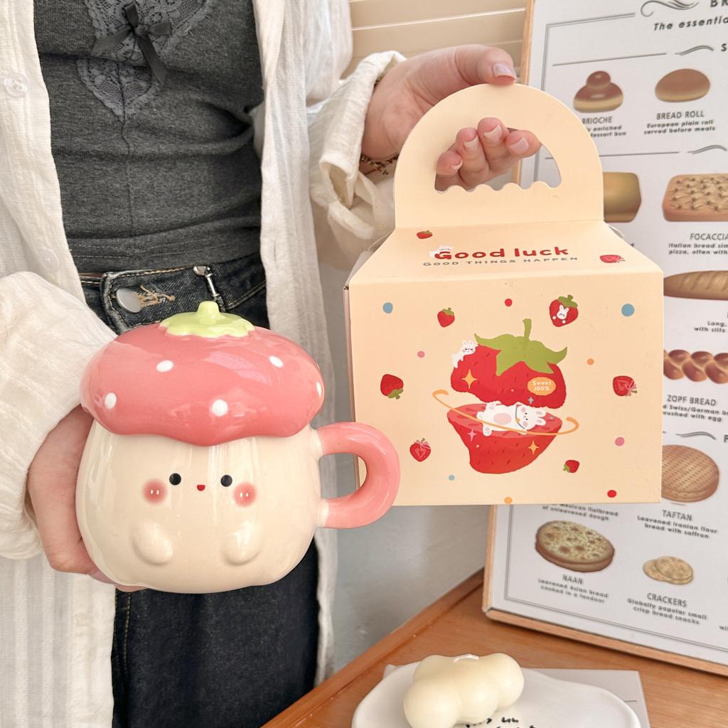 Creative Strawberry Mug Cartoon Cute Ceramic Cup High Value Ceramic Water Cup With Lid With Hand Gift