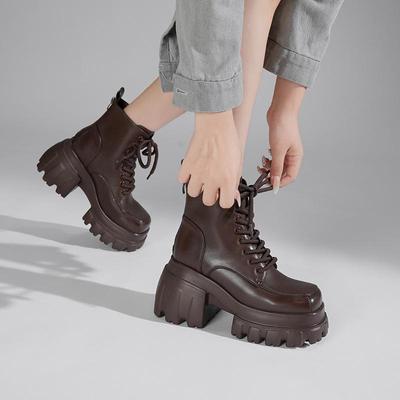 European Station French Retro Women’s Martin Boots - 2025 Style with Inside Heel, Platform, Square Toe, Lace-Up Ankle Design