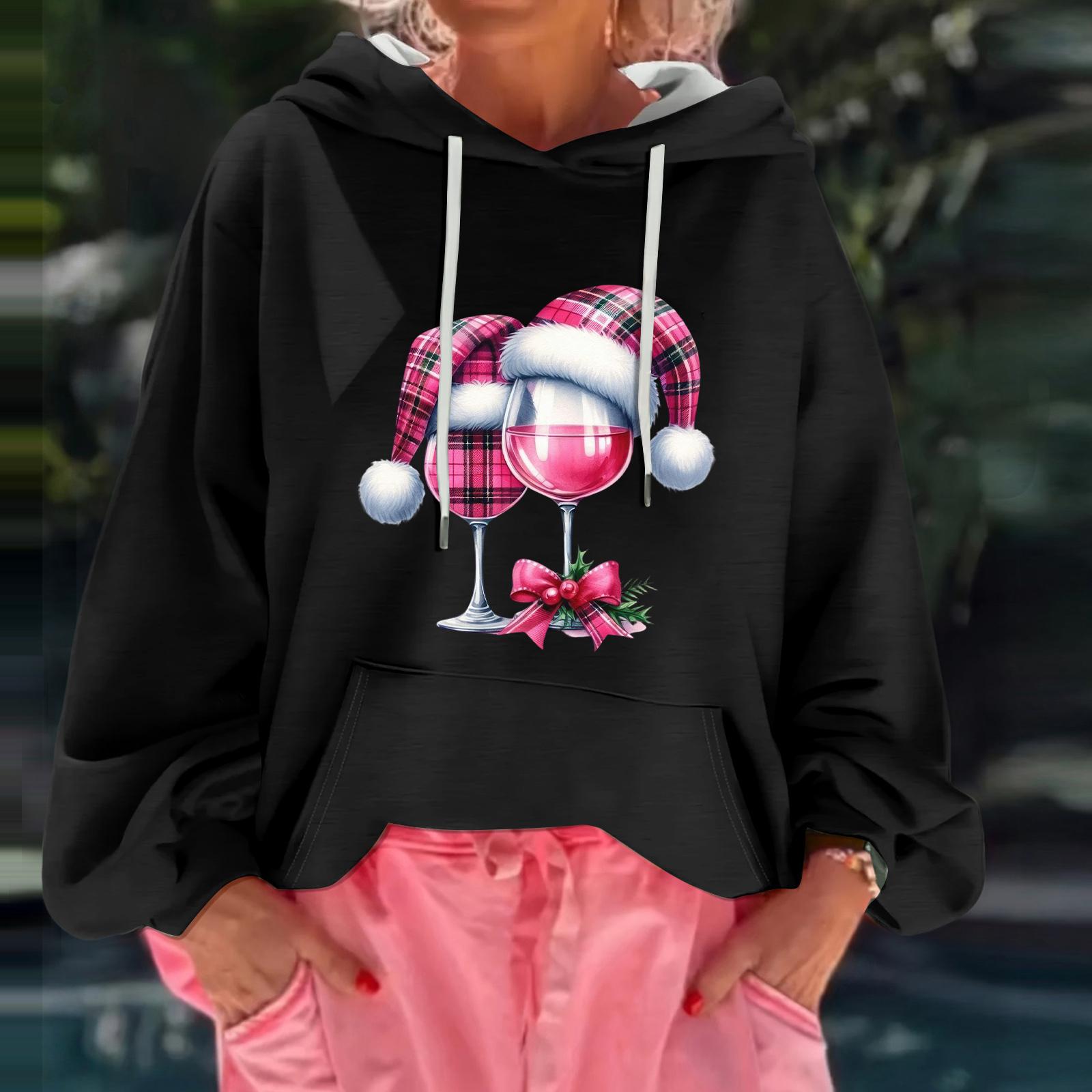 

Женский рождественский принт, свободный повседневный худи с длинным рукавом и капюшоном L чёрный