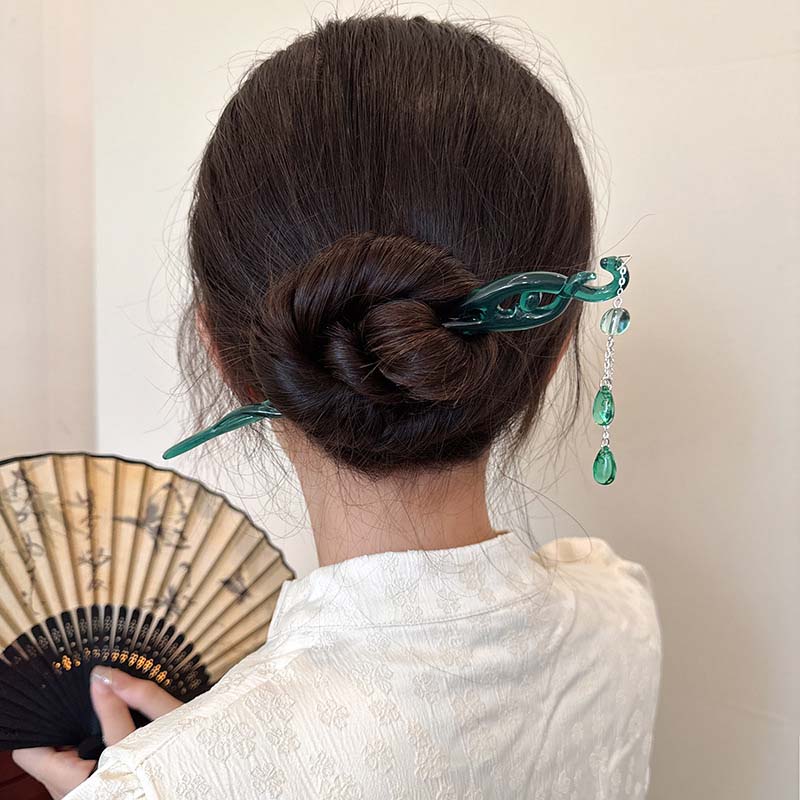 Haarstäbe aus Kunstharz im chinesischen Stil mit Quaste für Frauen, elegante gedrehte Haarnadel aus grüner Essigsäure, Haarstab, Kopfbedeckung, Haar-Accessoires