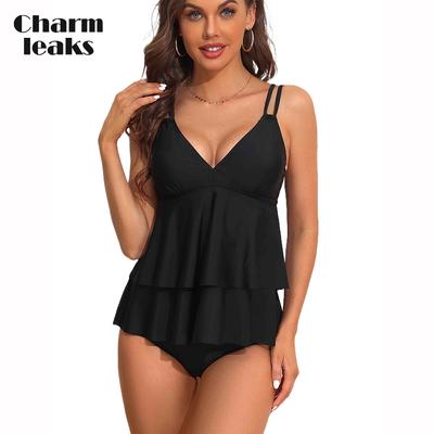 Damen-Tankini-Set, einfarbig, Badebekleidung, Bade-Sets, Schultergurte, V-Ausschnitt, Kuchen-Saum, Badeanzug