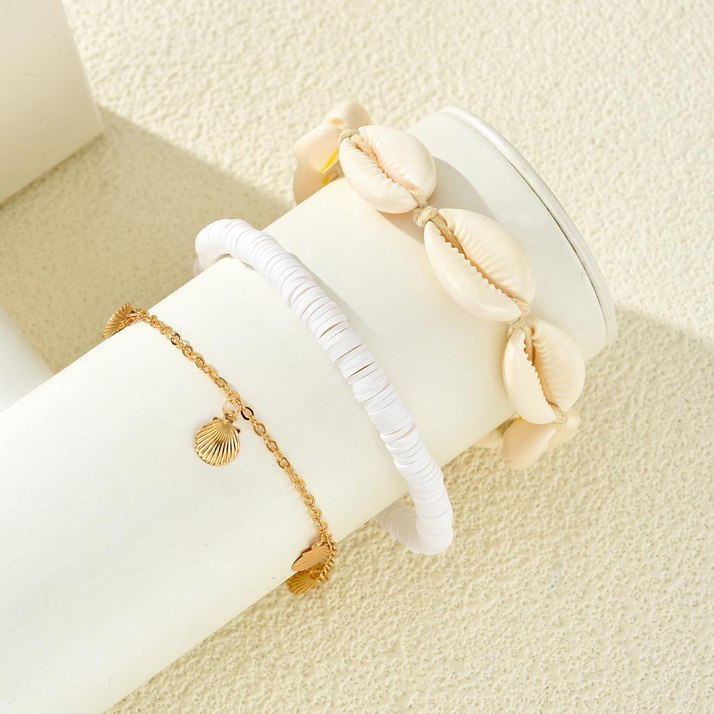 3Pcs/Set Bohemian Shell Conch Pendant Anklets Set For Women Trendy Summer Beach White Color Rice Beads Multilayer Anklet Jewelry