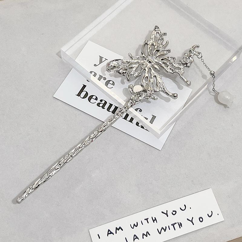 National Tide New Chinese Hairpin Liquid Metal Butterfly Hairpin Crescent Set Diamonds Vintage Bamboo Joints Tassel Hairpin Coiffure Hairpin
