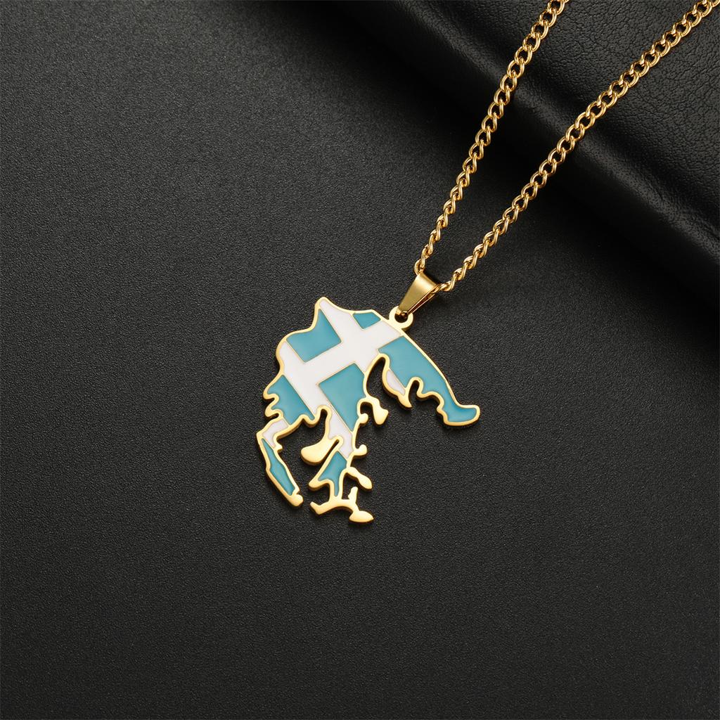  Drip Oil Greece Map Pendants Necklaces 2024 Stainless Steel Gold Silver Color Fashion Greek Flag Patriotic Jewelry Gifts