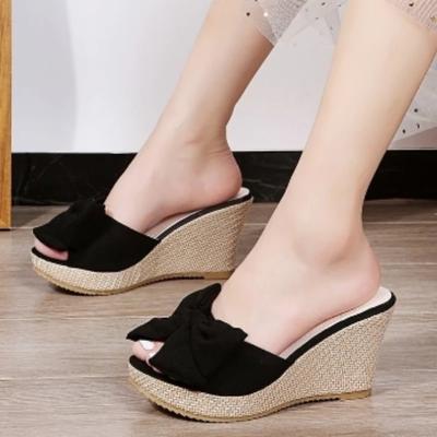 Shoes Female  Fashion Summer Women's Slippers Solid Flock Butterfly-knot High Heels Water Proof Daily Platform Slippers