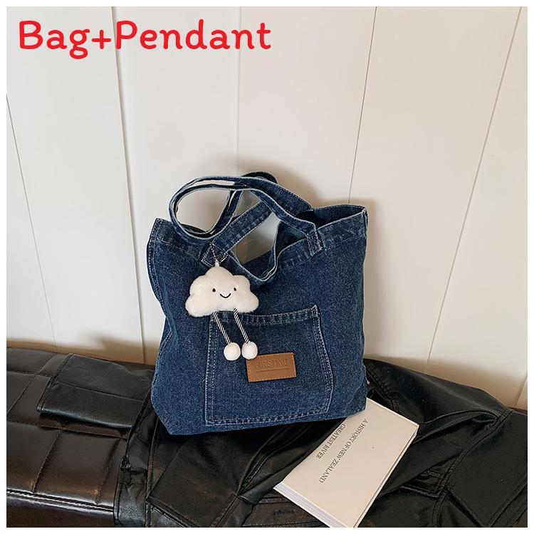Large Capacity Denim Tote Bag With Car Stitching For Everyday Outfits