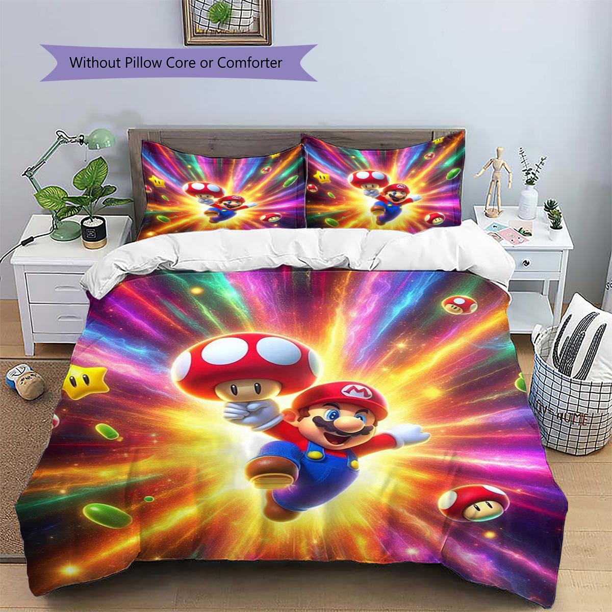 

Mario Patterned Pillowcase & Duvet Cover Set Anime Character Stylish Bedding for Bedroom Interior Nice Gift.-TING 135x200cm