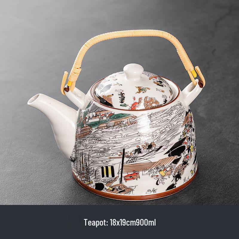 Ceramic Blue and White Teapot with Handle, Large Capacity Retro Herbal Tea Pot, Single Filter, Suitable for Household and Restaurant Use.