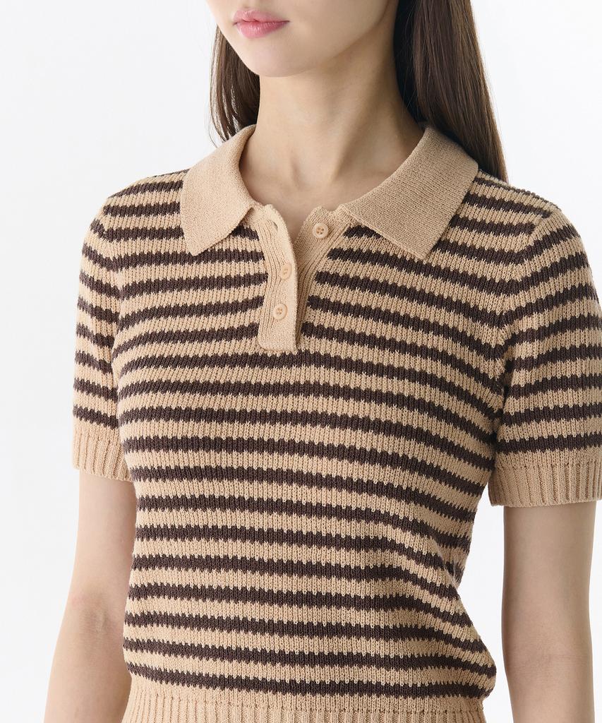 MUSINSA STANDARD WOMAN Women'S Striped Knitted Polo Shirt [Light Beige/Brown]