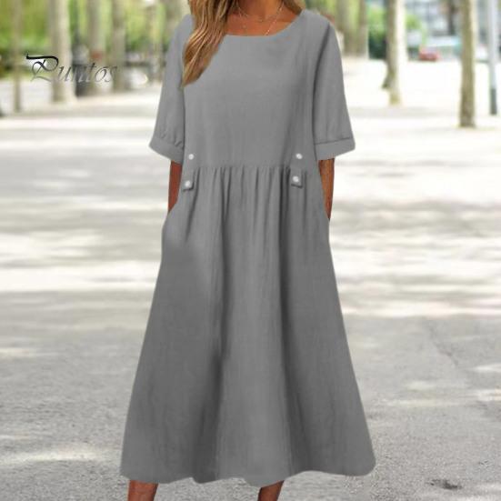 

Женское летнее платье с круглым вырезом, свободное трапециевидное платье с короткими рукавами, сплошной цвет, карманы, декор на пуговицах, плиссированное платье миди длиной до середины икры