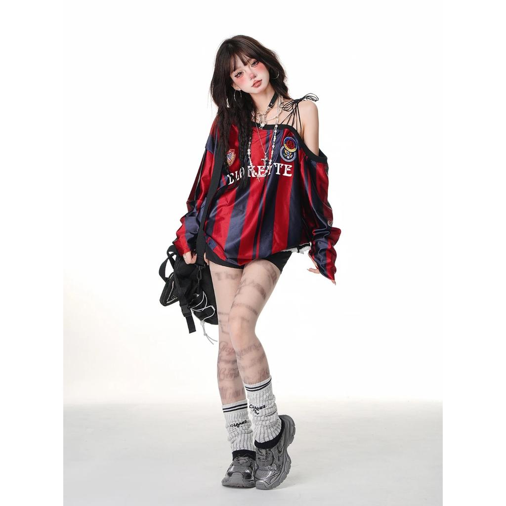 High Quality American Sloping Shoulder Baseball Jersey Hoodie Women's Loose Striped T-shirt Sports Top Y2k