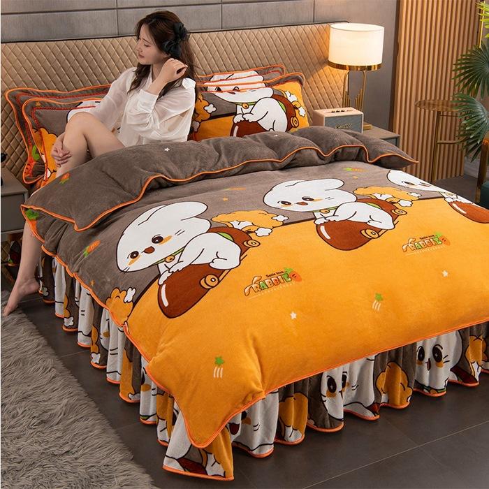 Maternal And Infant Grade Thickened Milk Fleece Four-Piece Set, Double-Sided Coral Fleece Fleece Quilt Cover, Flannel Bed Sheet
