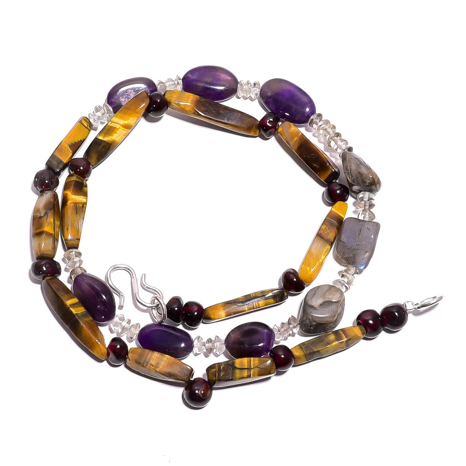 

Natural Tiger Eye Amethyst Labradorite Gemstone Smooth Beads Necklace 17 UB4908 UB-4908