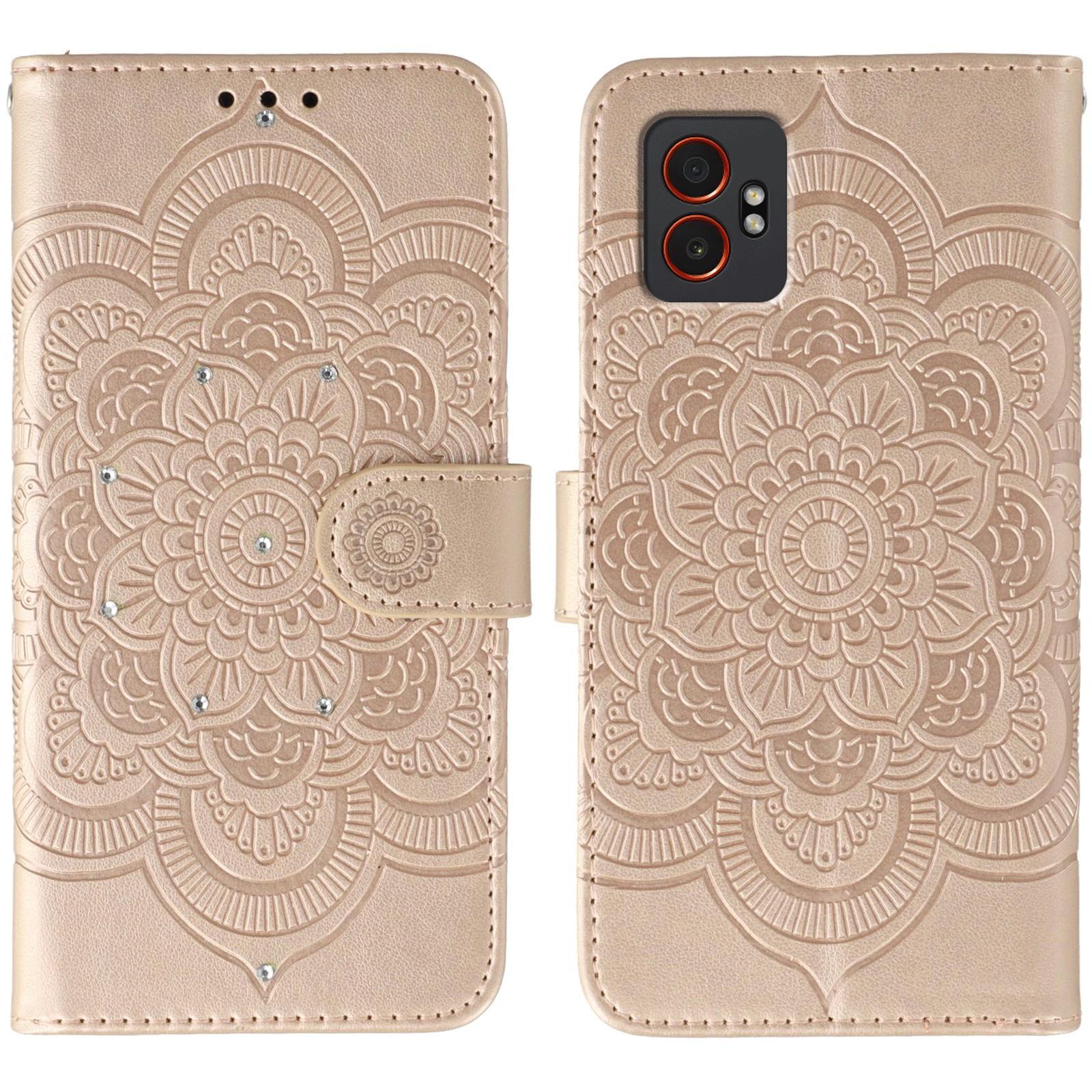 

For Samsung Galaxy XCover7 Pro Case Rhinestone Decor PU Leather Mandala Imprinted Design Phone Cover with Wrist Strap Rose Gold