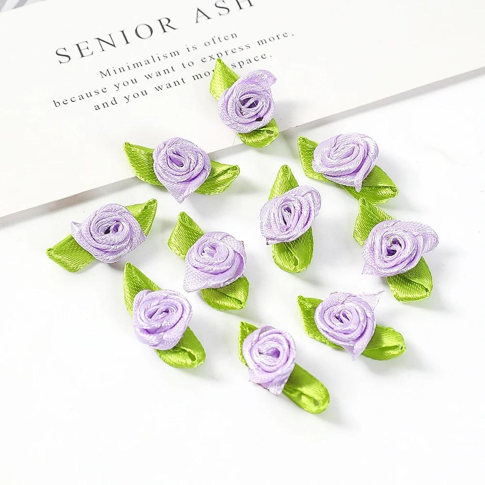 50/100PCS Mini Handmade Rose Flower Satin Ribbon Rosettes Fabric Appliques For DIY Wedding Decoration Craft Sewing Accessories