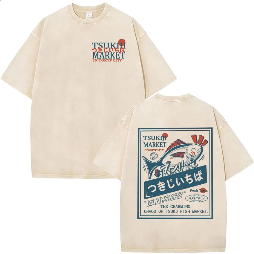 Funny Fish Japanese Tsukiji Market Vintage Washed T Shirts Unisex Women Summer Fashion Cotton Short Sleeve Tshirt Streetwear
