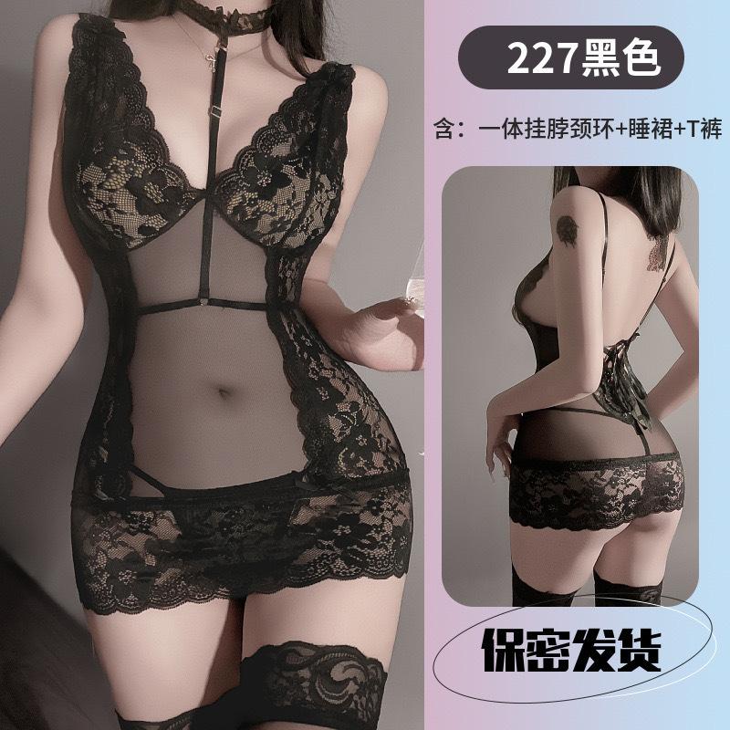 Large size erotic underwear high-end stunner lace perspective temptation suspender hip nightdress sexy pure desire mesh uniform