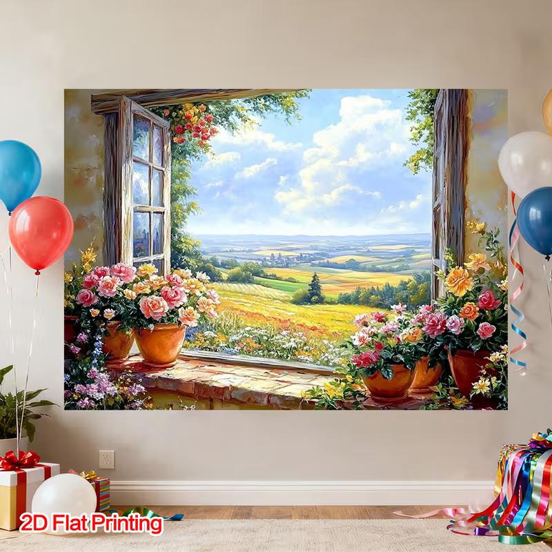 2D Oil Painting Window Backdrop, Flower Pot & Meadow Photography Background