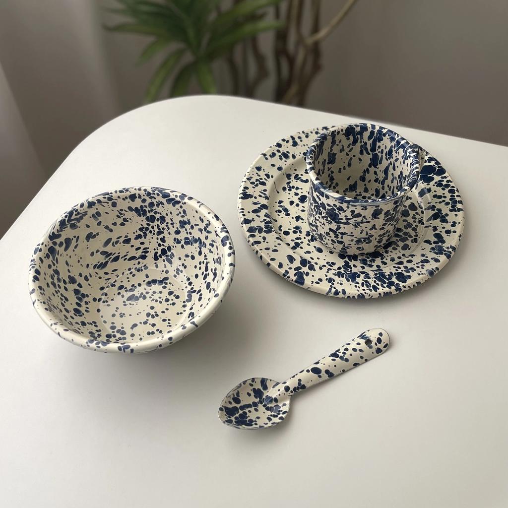 Piatto Rotondo Blu Navy Stoviglie Smalto Yogurt Avena Piatti per Colazione Tazze da Caffè Piatti per Insalata di Frutta Stoviglie Domestiche