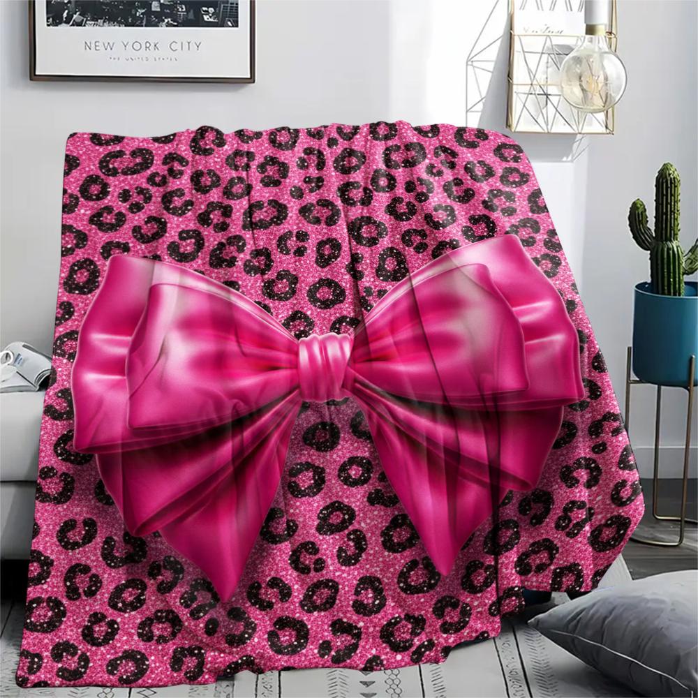 1Pc Pink&Black Bow Print Flannel Blanket, High quality Comfortable for All Seasons, Home Decor, Warmth and Comfort, Perfect for Christmas Gifts W28