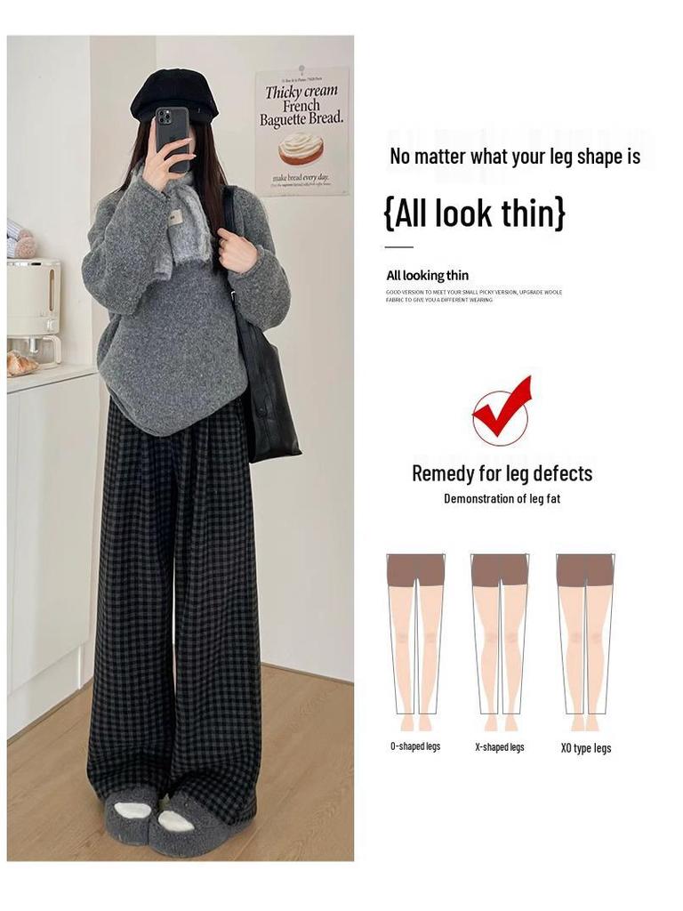 Black & Gray Wide-Leg Plaid Wool Pants, XS, High-Waisted, Petite Fit, Retro Style for Autumn/Winter
