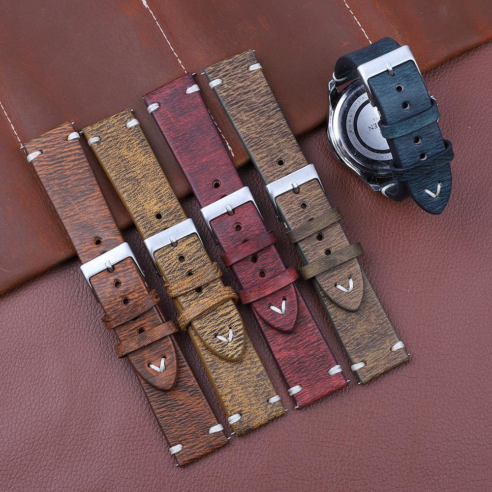 Retro Leather Watch Band 18mm 20mm 22mm 24mm Cowneck Pattern Stainless Steel Pin Buckle Watch Strap Replacement for Men Women