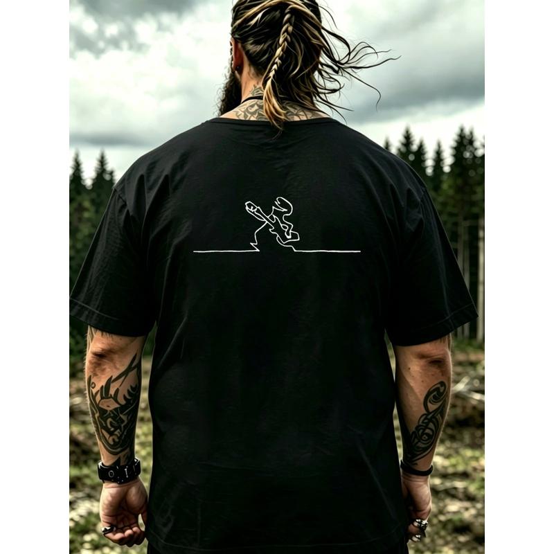 T-shirt Noir Homme Avec Impression Ligne Minimaliste Guerrier Pour Aventure Extérieure Et Tenue Décontractée, Grande Taille