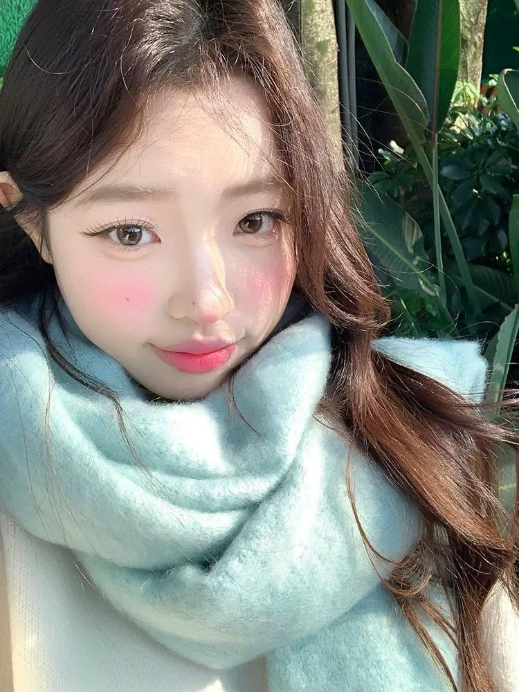 New Solid Color Haze Blue Scarf Women's Winter Fluffy Hair Thickened Student White Warm Scarf