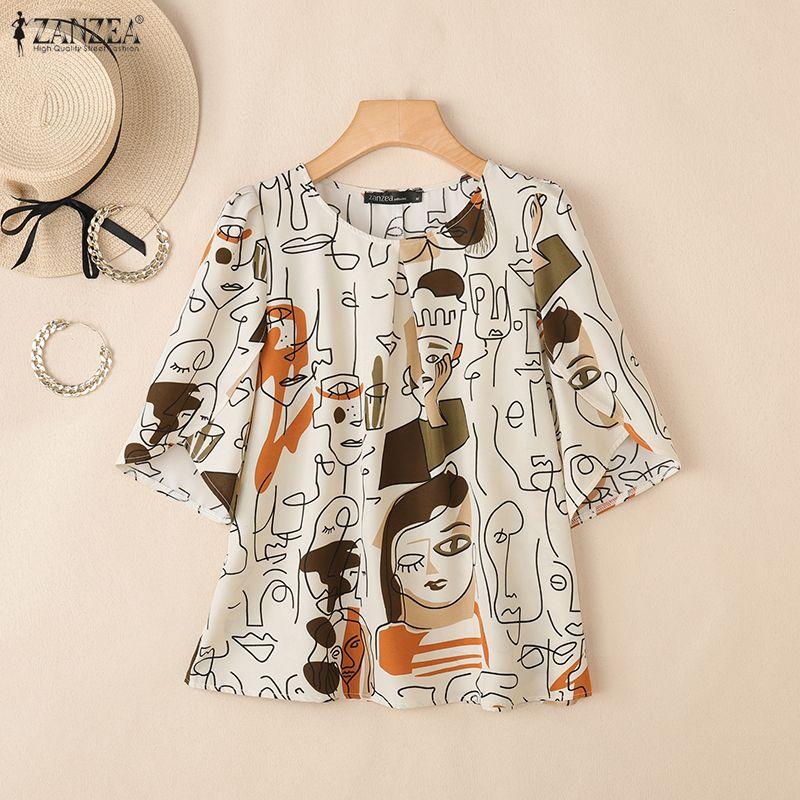 ZANZEA Bluză casual de damă cu gât rotund, mânecă scurtă, largă, cu imprimeu