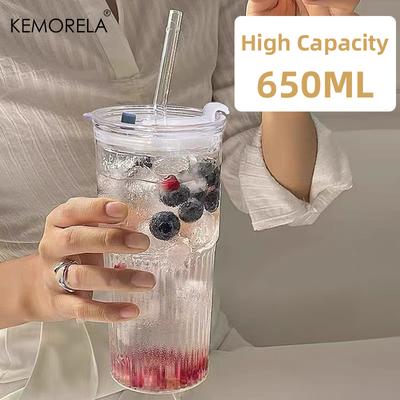 1/2 Stück 600ml Streifen Glasbecher mit Deckel und Strohhalm Transparente Trinkgläser für Saft Wasser und Eiskaffee Tassen Trinkgeschirr Becher