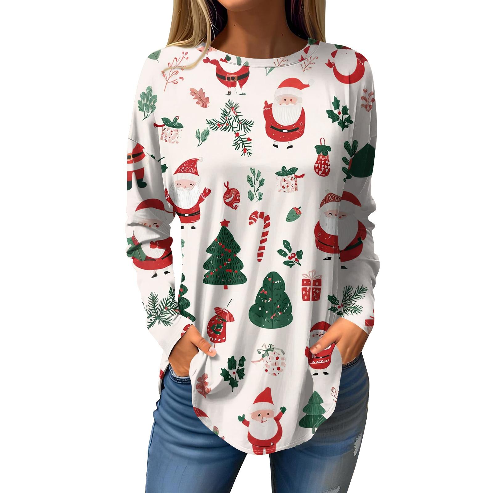 

Женская свободная футболка с круглым вырезом и рождественским принтом, длинный рукав, пуловер XL белый