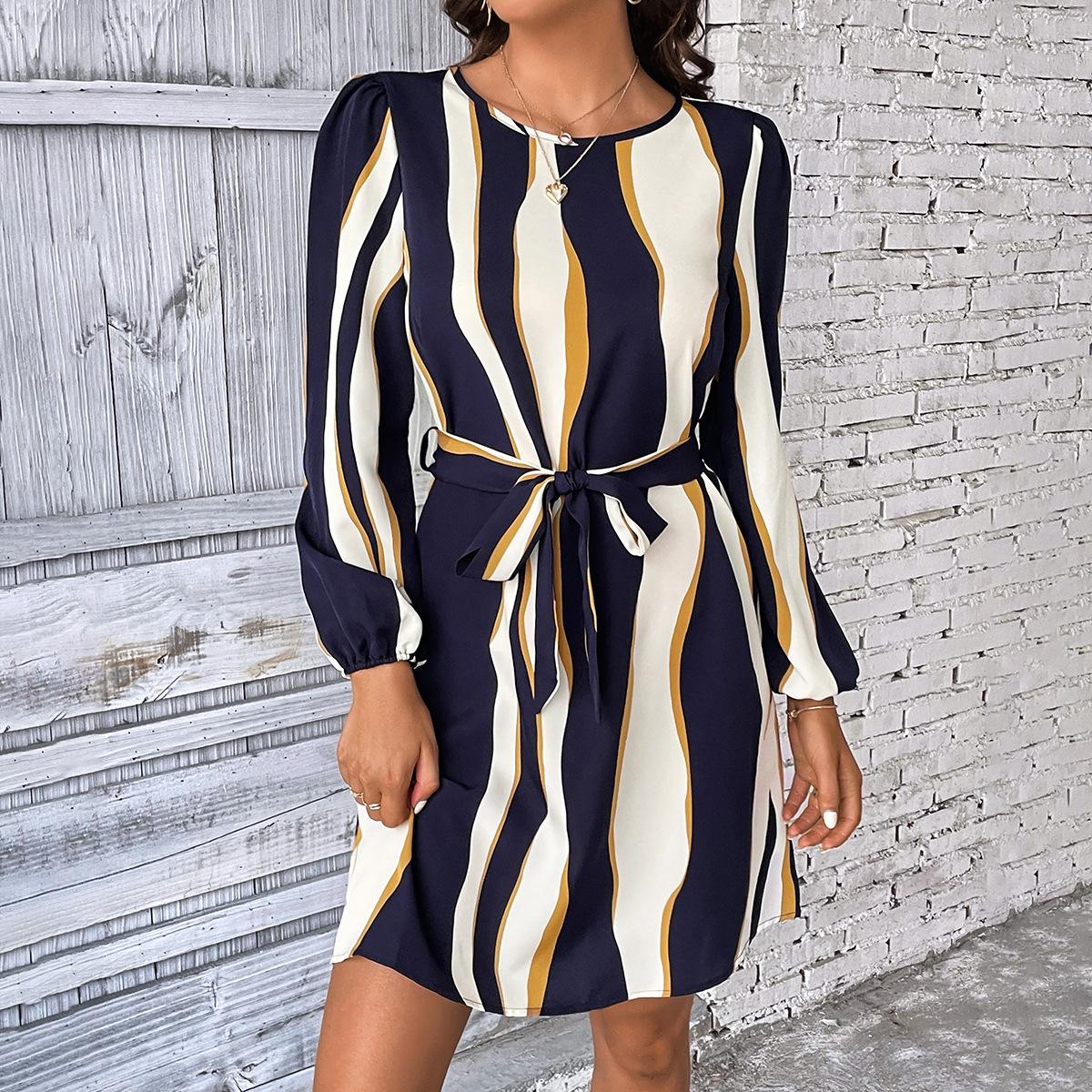 

GMXIA Женские Модные Весенне-Осенние Повседневные Платья с Принтом в Полоску, с Длинным Рукавом, с Круглым Вырезом, с Завышенной Талией S разноцветный