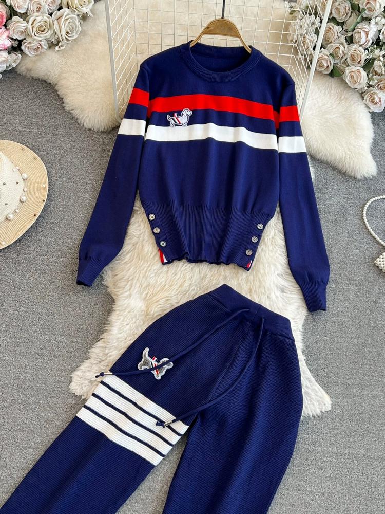 Jaro Podzim Ženy Pletený svetr Pruhované tepláky Módní Kreslený Psí výšivka Pulovr Topy a délka ke kotníkům Dvoudílná sada kalhot