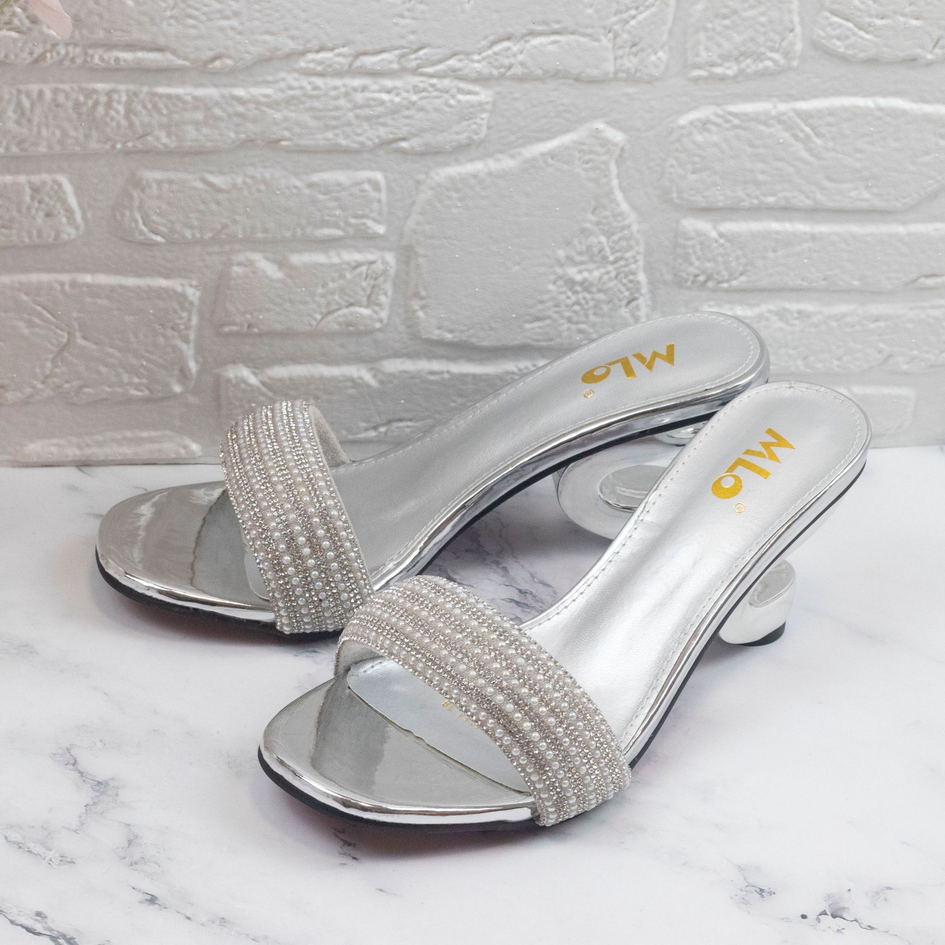 

Женские открытые носки необычные высокие каблуки гладиаторские сандалии элегантные блестящие жемчужные шлепанцы женские летние туфли тапочки со стразами 36 серебряный