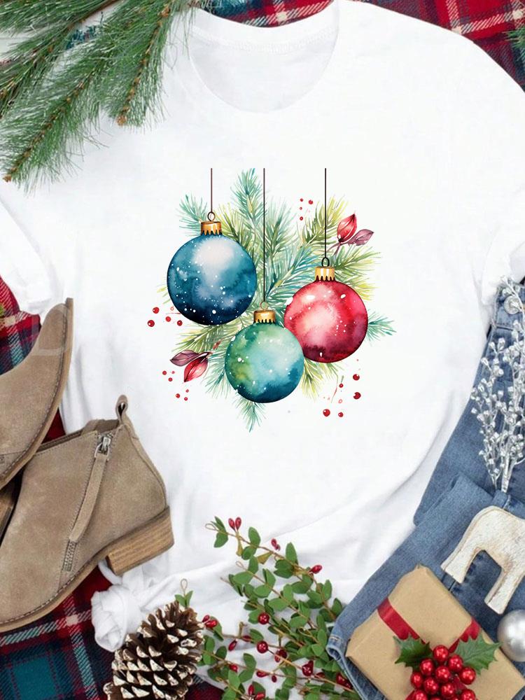(Asian Size) Tee New Year Holiday tree cute 90s Merry Christmas Top festival Casual Women Print Lady Short Sleeve Fashion Graphic T-shirts