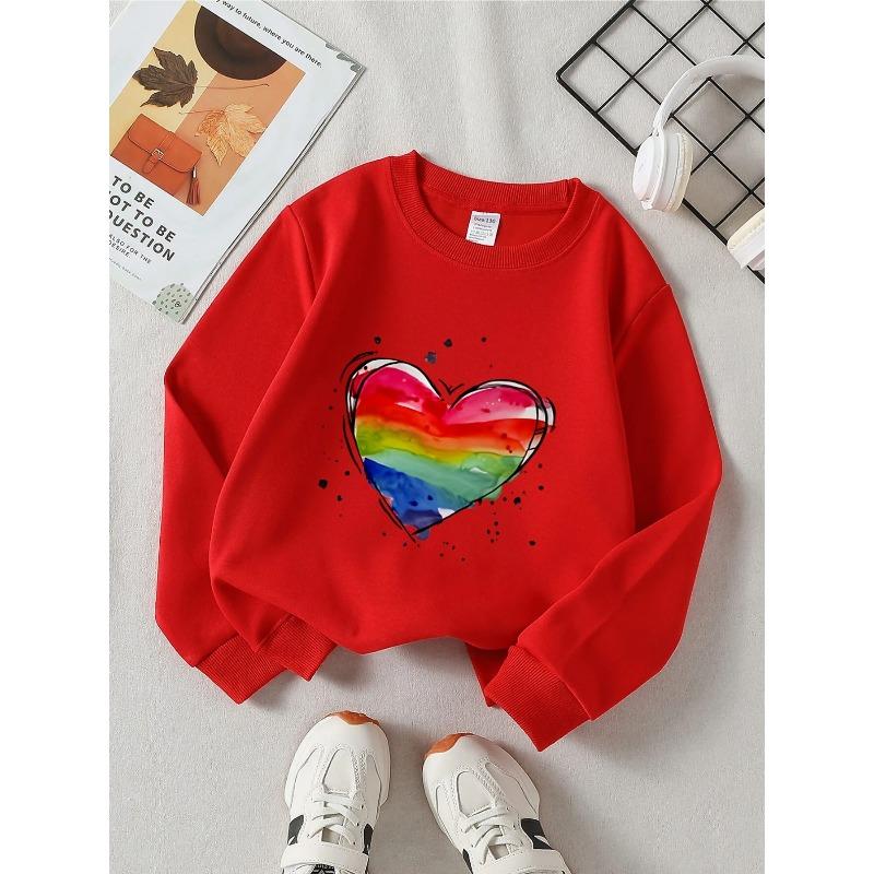Kids Unisex Crewneck Sweatshirt, Watercolor Rainbow Heart With Black Ink Splash Print Soft Fleece Pullover For Kids Over 4 Years Old