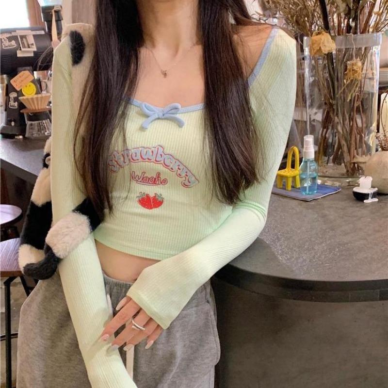 2KWEIRD Sweet Crop Tops Fashion Summer Tshirts for Women Long Sleeve Square Collar Print Tees Tunic Casual Y2k T Shirt