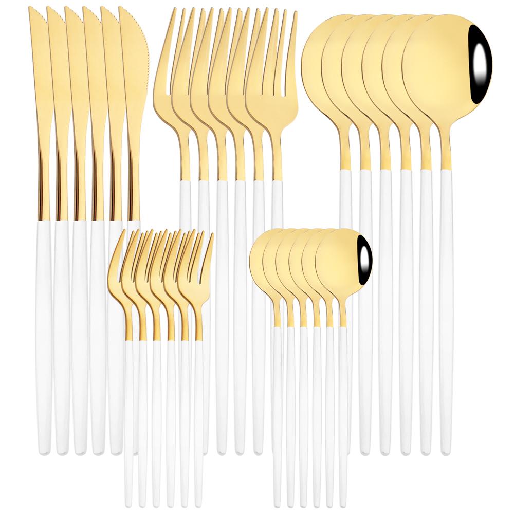 30Pcs Black Gold Cutlery Set Knife Fork Spoon Dinnerware Set Stainless Steel Cake Fork Teaspoon Tableware Party Kitchen Flatware