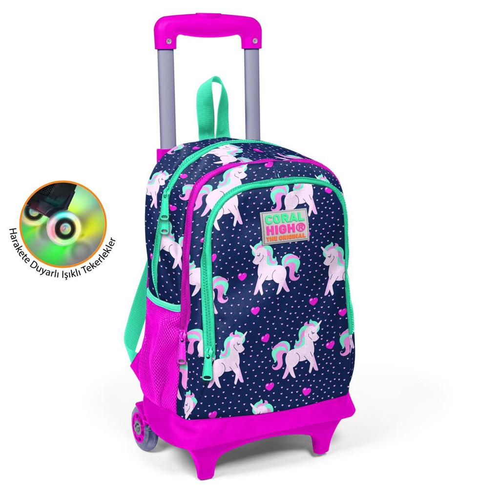 Coral High Kids Navy Blue Pink Unicorn Patterned Three-Compartment Squeegee Backpack 23366